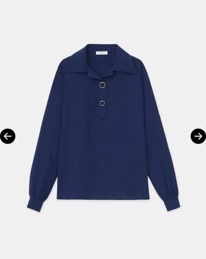 Lafayette 148 New York Navy Blue Blouse Size Small NWOT Gold Ring Detail
